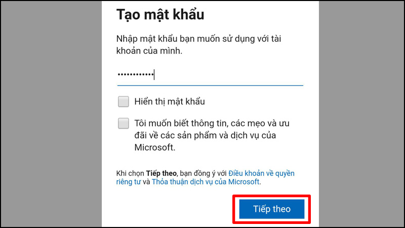 Nhập mật khẩu bạn muốn sử dụng vào ô Tạo mật khẩu